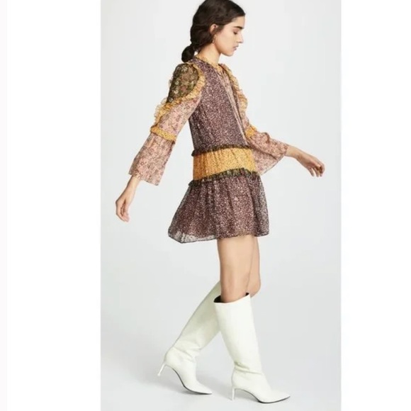 BOHO Fall Ruffle Floral Bohemian Mini Dress Size 4 - Picture 6 of 15